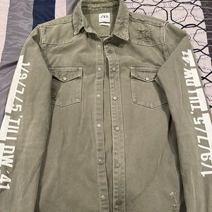 Mens Zara Denim Green Overshirt w Writing Design